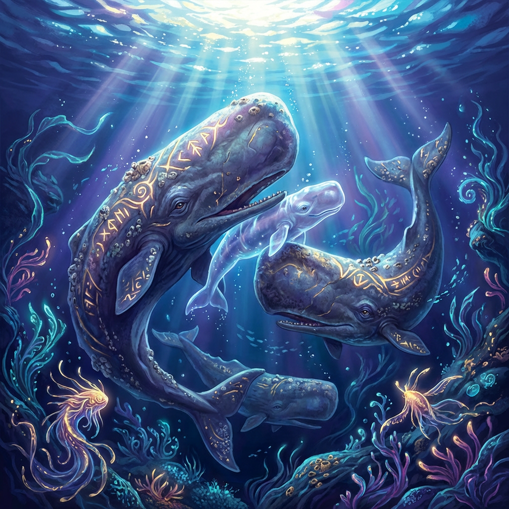 Mystical sperm whales with golden runes and a bioluminescent calf in a deep-sea environment.