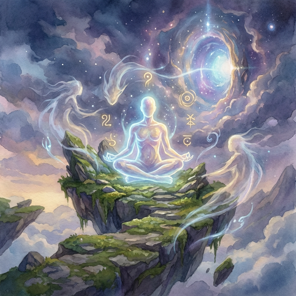 Glowing figure meditating on a floating island surrounded by ethereal spirits and cosmic energy.
