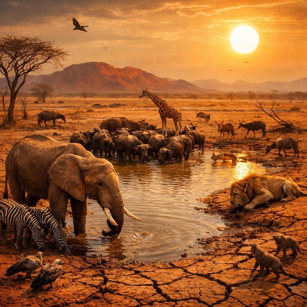 Elephant, zebras, giraffe, lions, buffaloes, and other animals drinking at a watering hole in a dry savannah