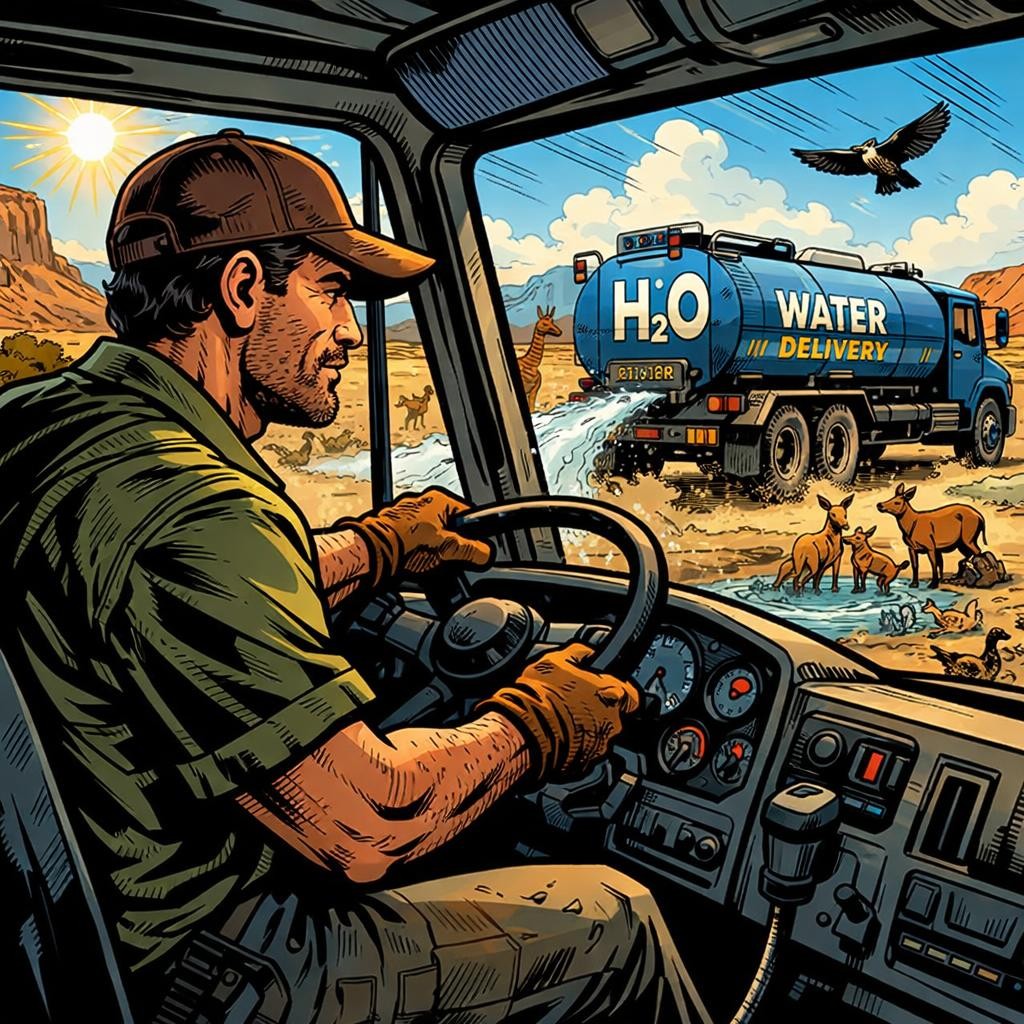 Man driving water truck delivering water to animals in desert