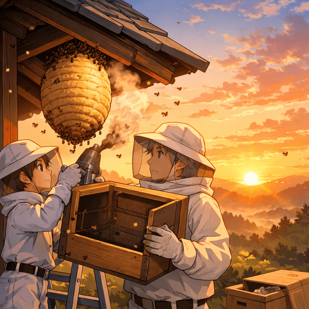 Two beekeepers in protective suits collecting honey from a large hanging hive at sunset