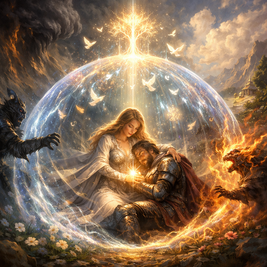 Knight resting against a maiden inside a glowing magical shield protecting them from dark and fiery creatures