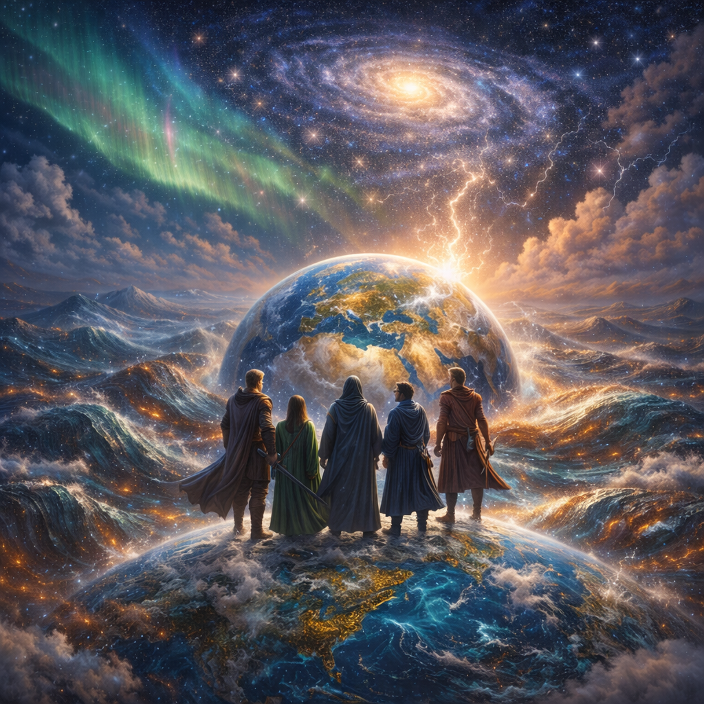 Earth floating amidst glowing turbulent waves under a vibrant starry sky with aurora and galaxy