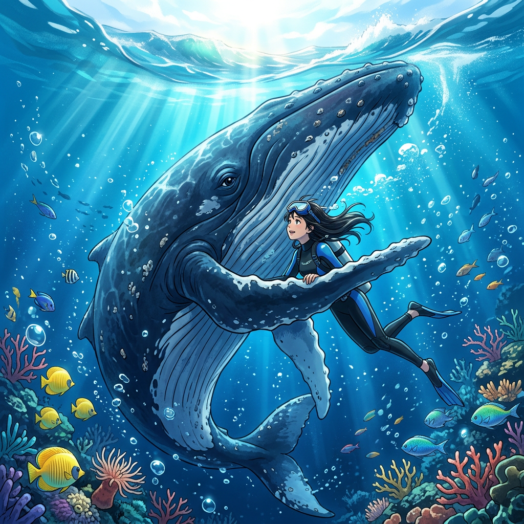 Diver embracing a large whale surrounded by colorful fish and coral underwater