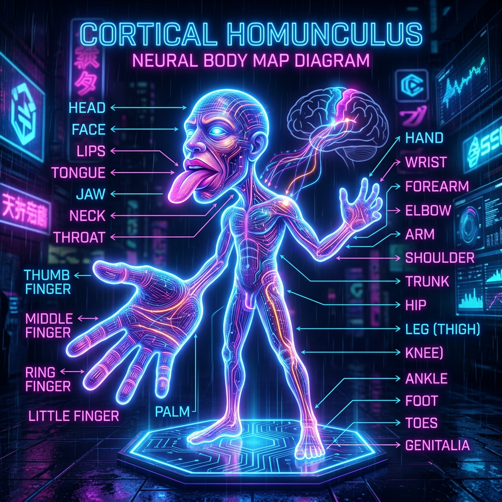 Neon cortical homunculus diagram with labeled body parts and brain connections