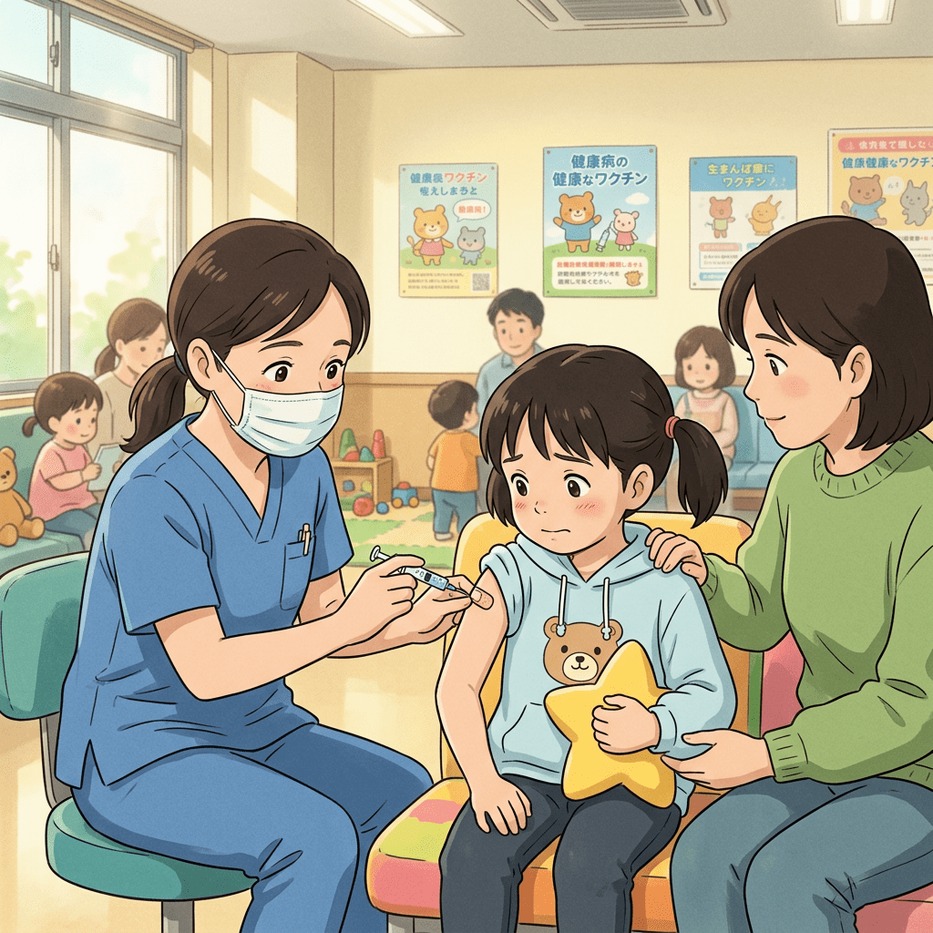 Healthcare worker giving vaccine injection to a hesitant child with mother supporting