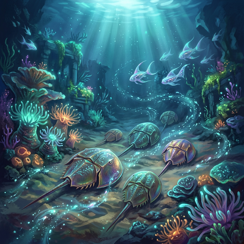 Horseshoe crabs glowing and swimming underwater near ancient ruins with colorful coral and fish