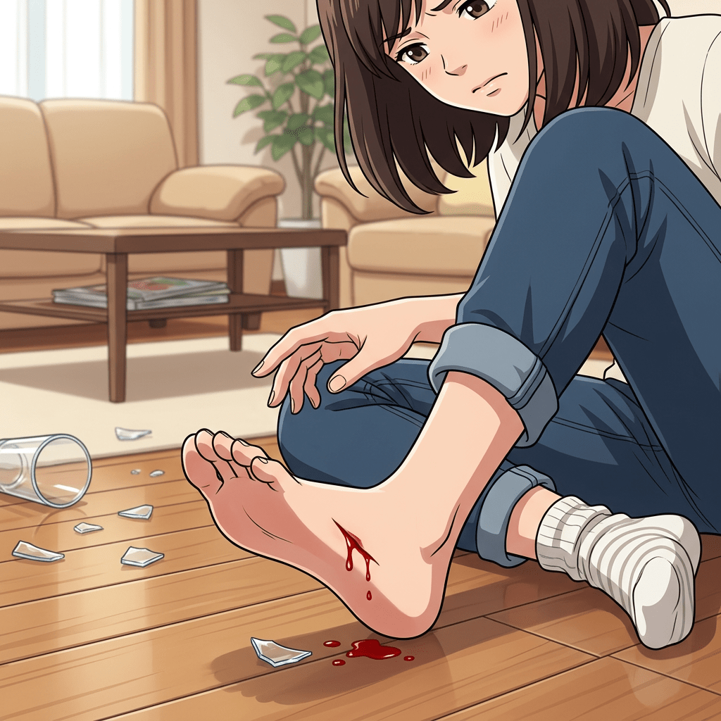 Young woman with a bleeding cut on her foot from broken glass on the floor
