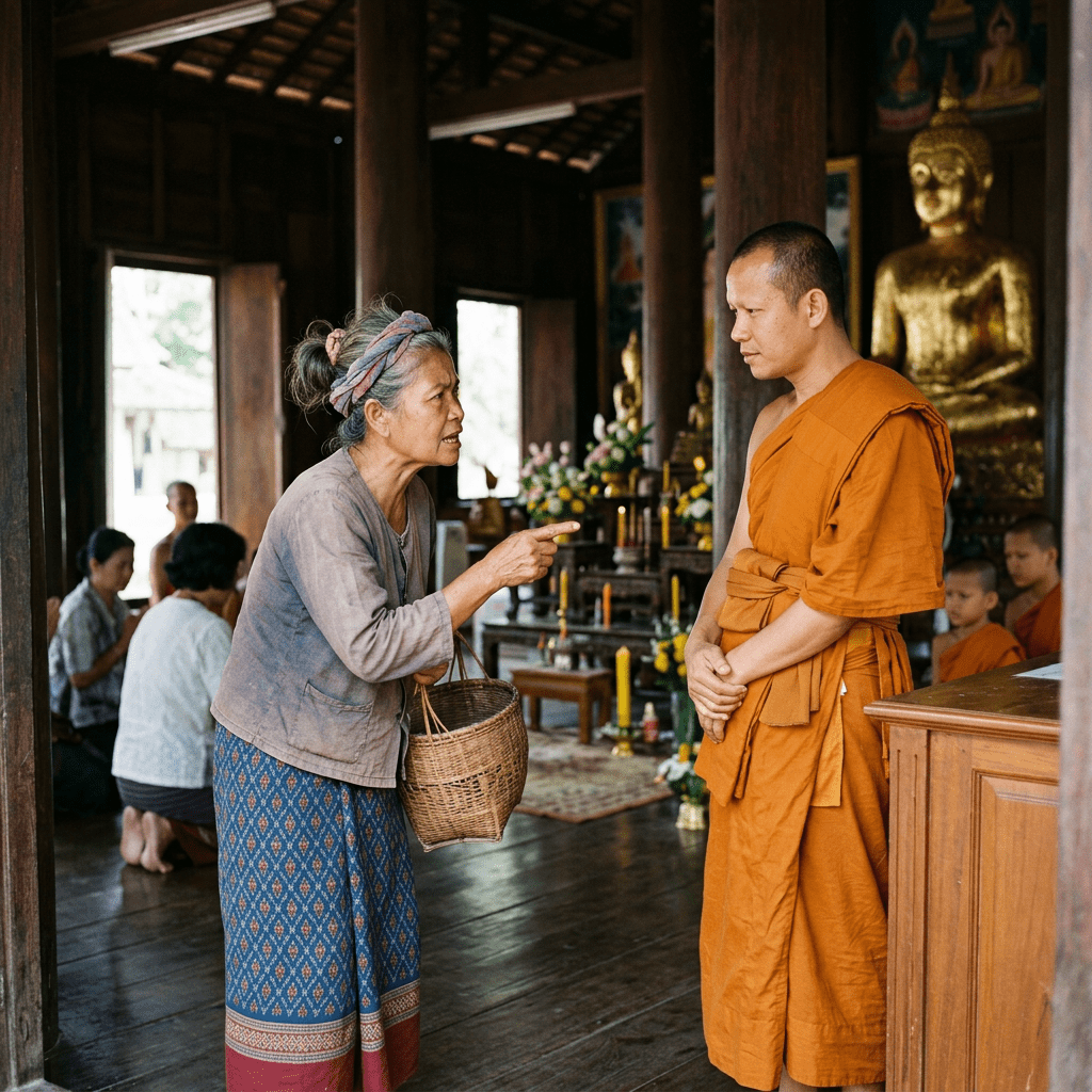 Elder woman talking to a Buddhist monk inside a temple with statues and worshippers in the background