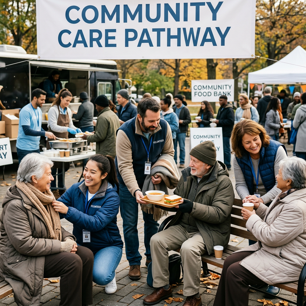 Volunteers serving food and offering support to elderly people at an outdoor community care event