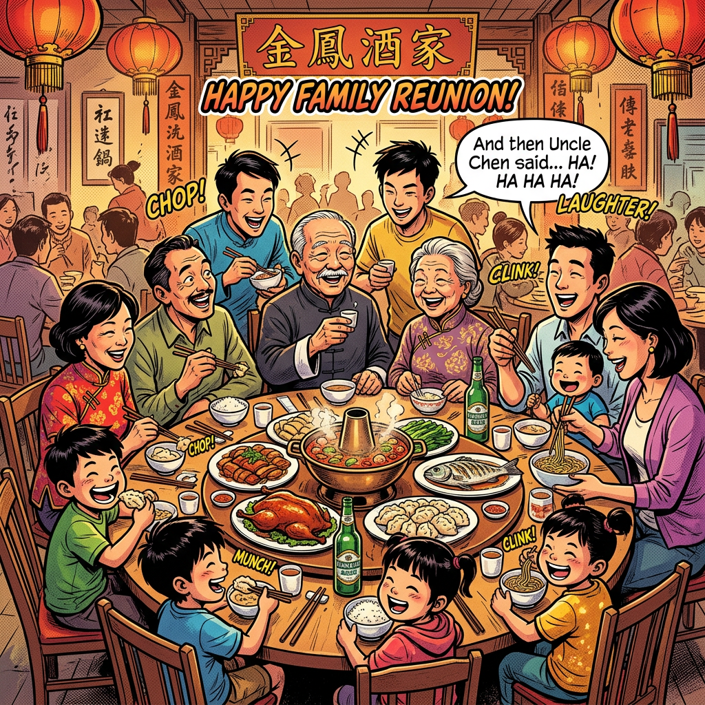 Multi-generational family sharing food and laughter at dinner table