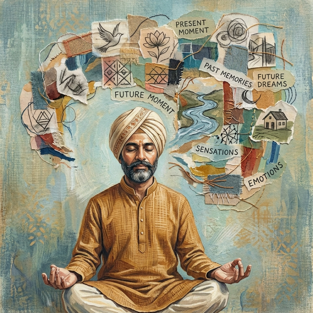 Person meditating with illustrated thoughts about present moment, past memories, future dreams, sensations, and emotions
