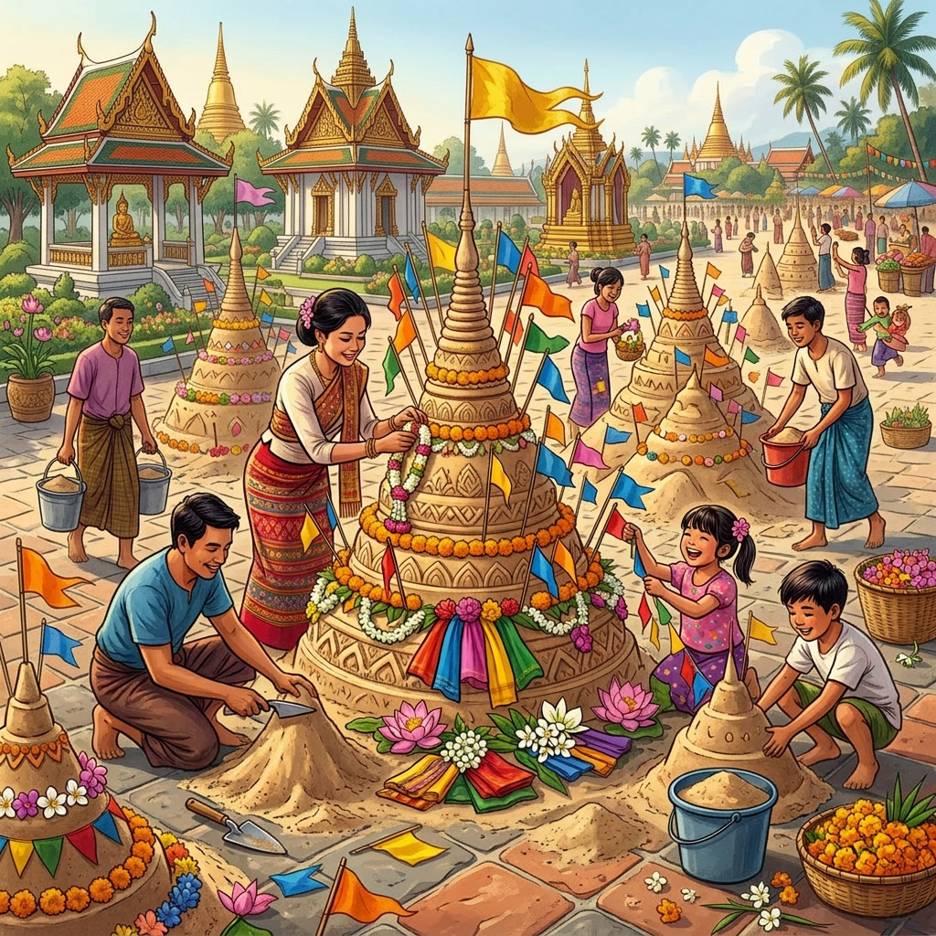 People building and decorating sand pagodas with flags and flowers on a beach during a festival