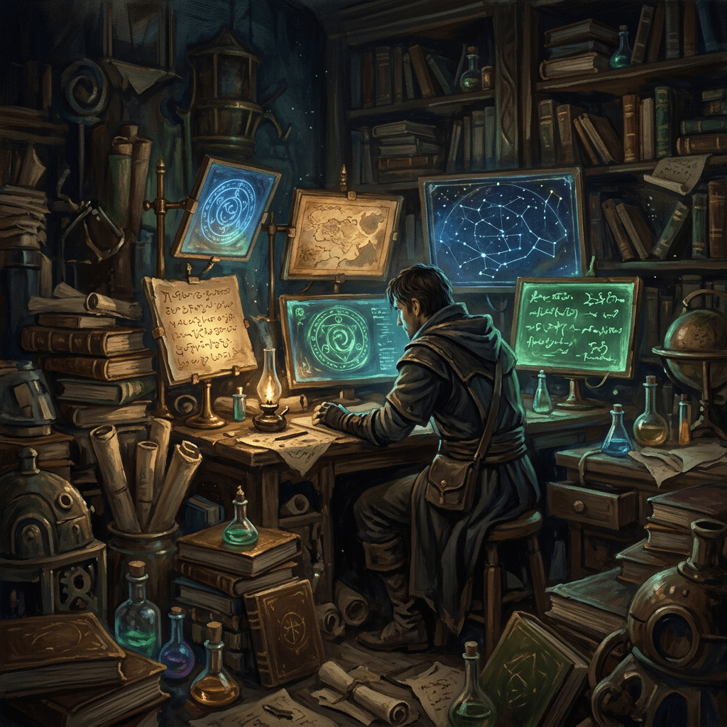 Wizard at desk surrounded by books, scrolls, potions, and magical screens displaying symbols and star constellations