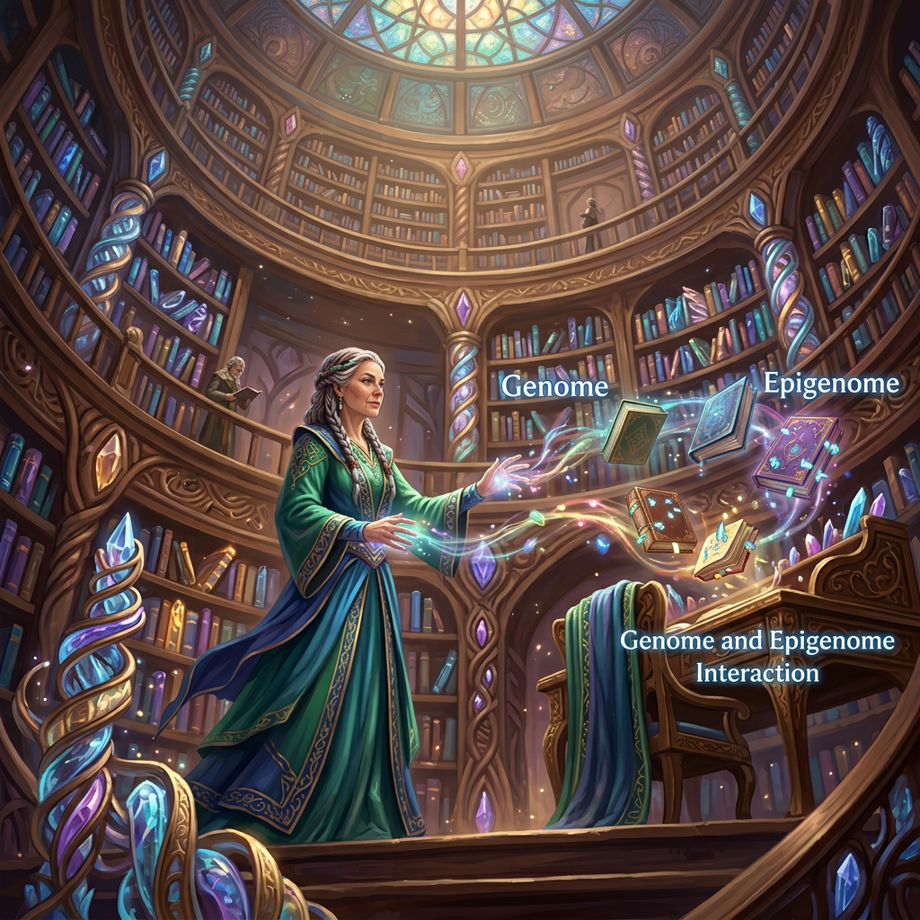 A mage casting a spell to levitate books in a grand circular library filled with glowing crystals