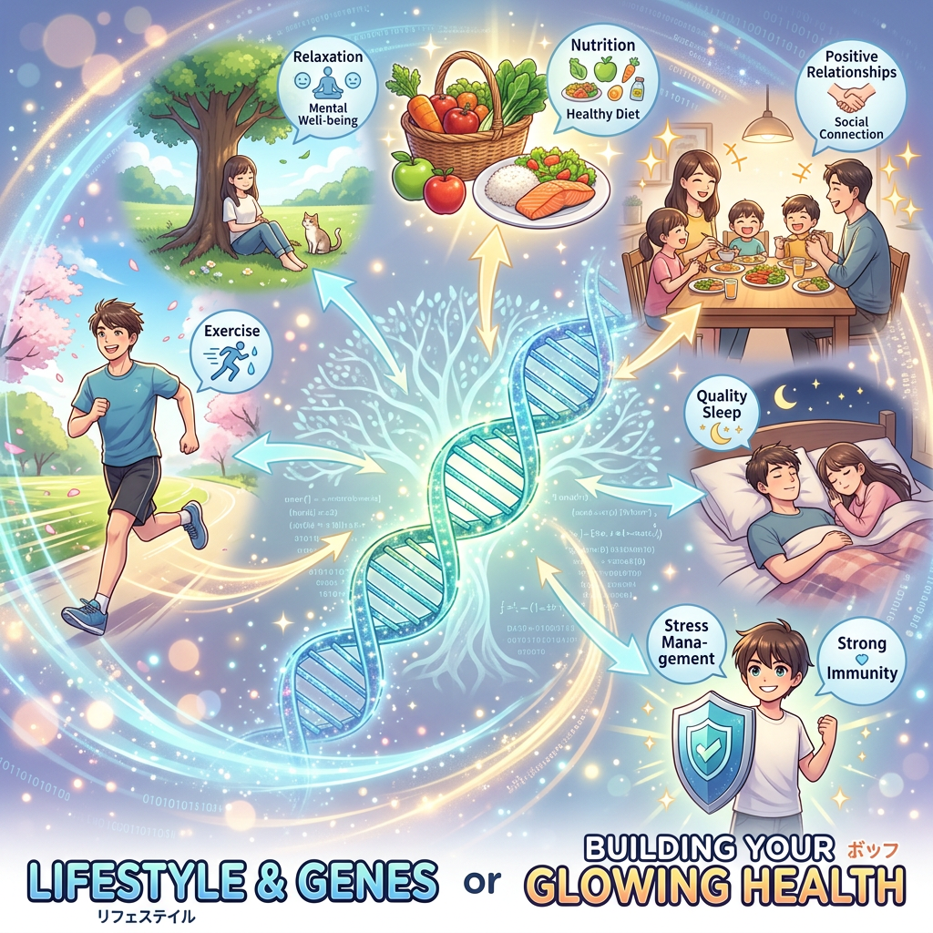 DNA double helix surrounded by icons representing exercise, relaxation, nutrition, positive relationships, quality sleep, and stress management for strong immunity