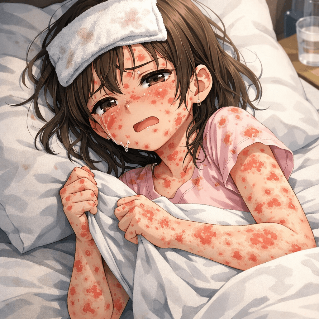 Young girl lying in bed with fever, sweating, crying, and covered in a red rash