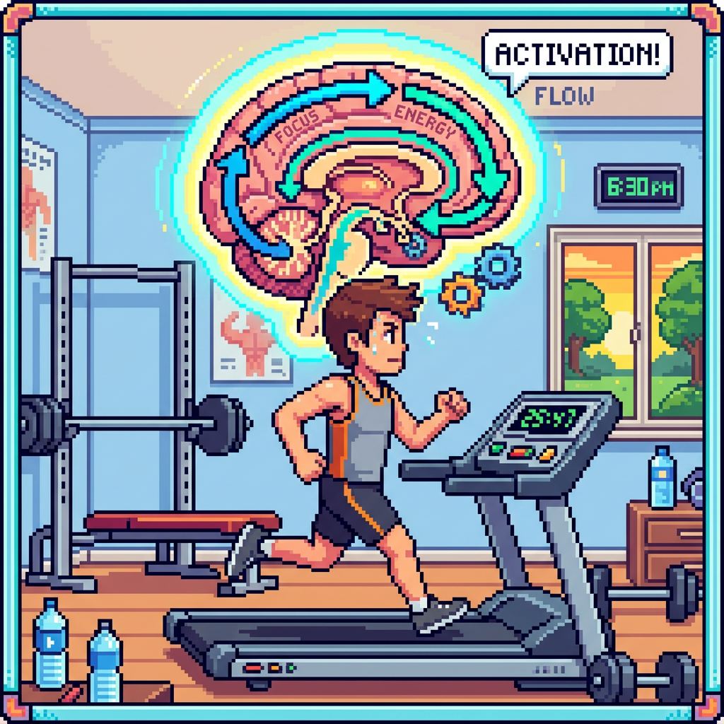 Person running on treadmill inside gym with brain activation and flow diagram