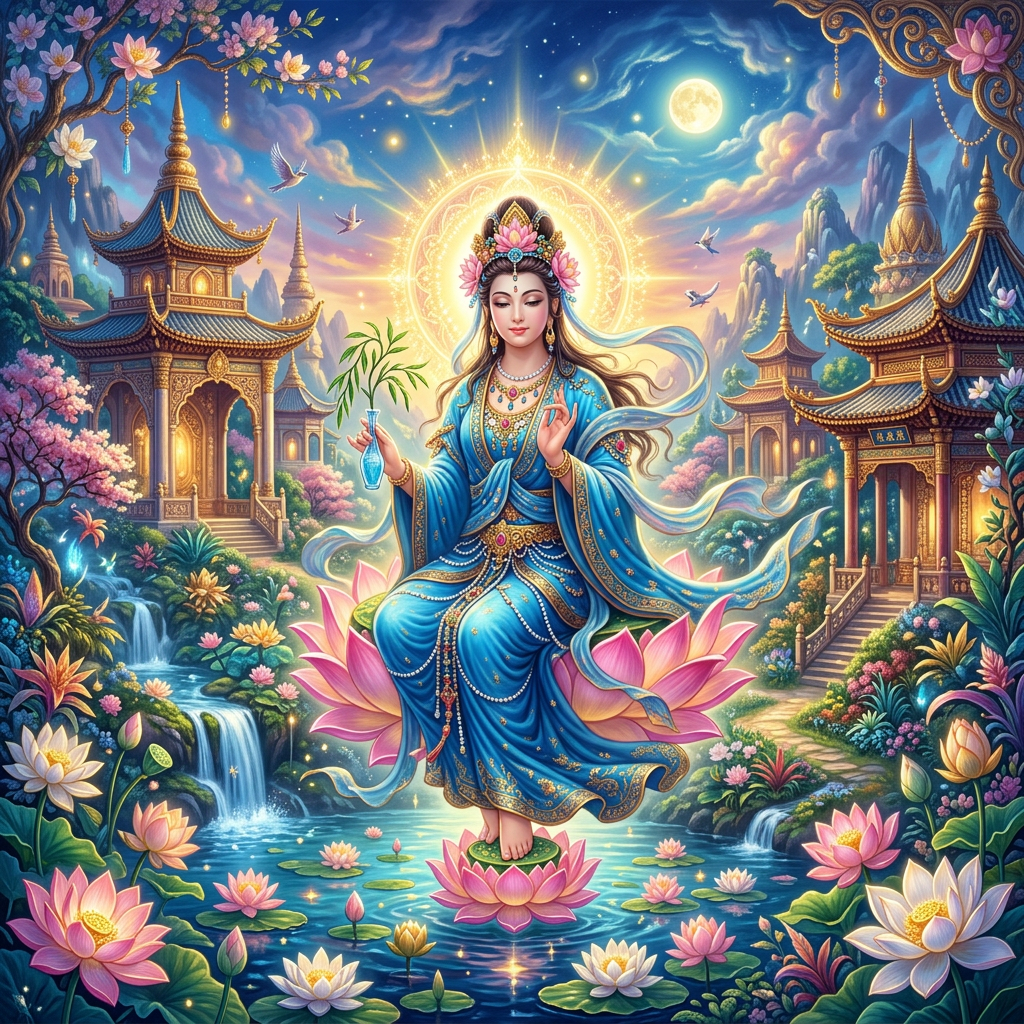 Goddess in blue robe sitting on a lotus flower surrounded by lotus pond and traditional Asian pagodas at dusk