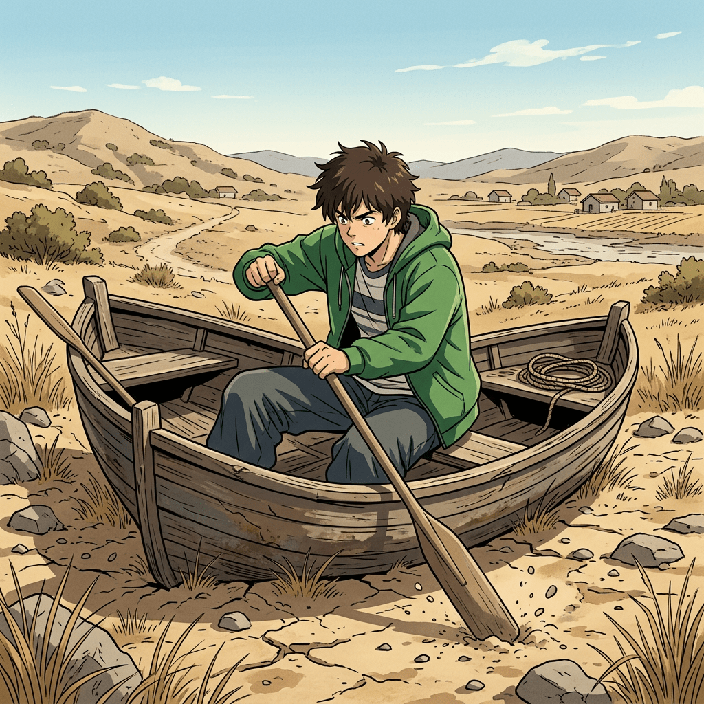 Young man in green hoodie rowing a boat on dry cracked ground