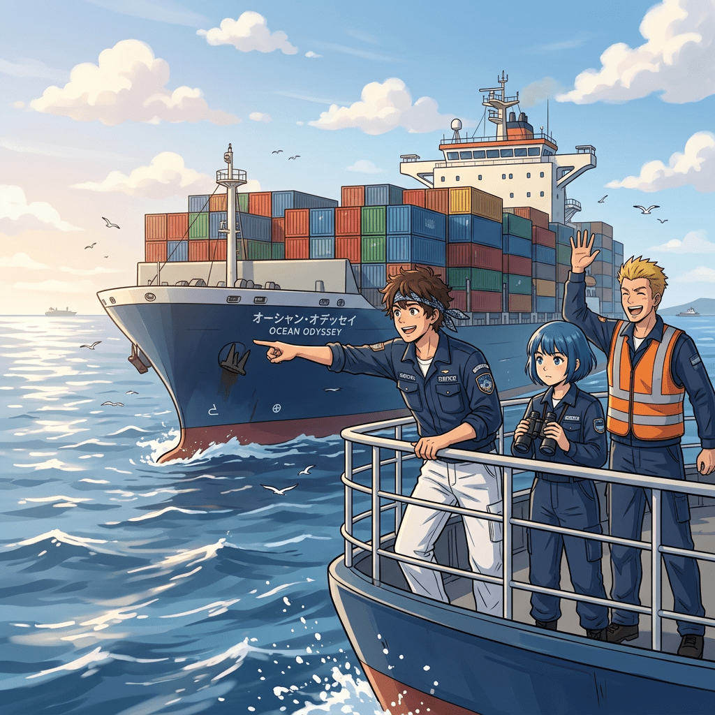 Crew on a boat spotting the container ship Ocean Odyssey with colorful containers