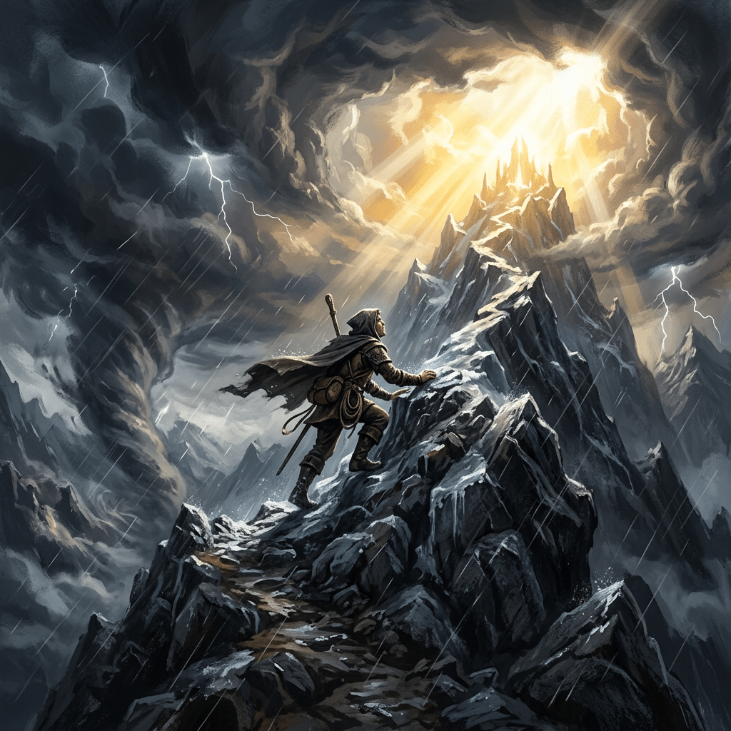 A person in a cloak climbing a steep snow-covered mountain path with lightning in the dark sky and sunlight breaking through clouds above the peak