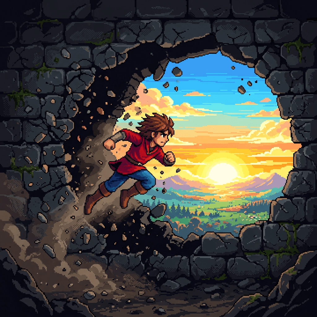 Pixel-art character breaking through a stone wall with sunrise and landscape beyond