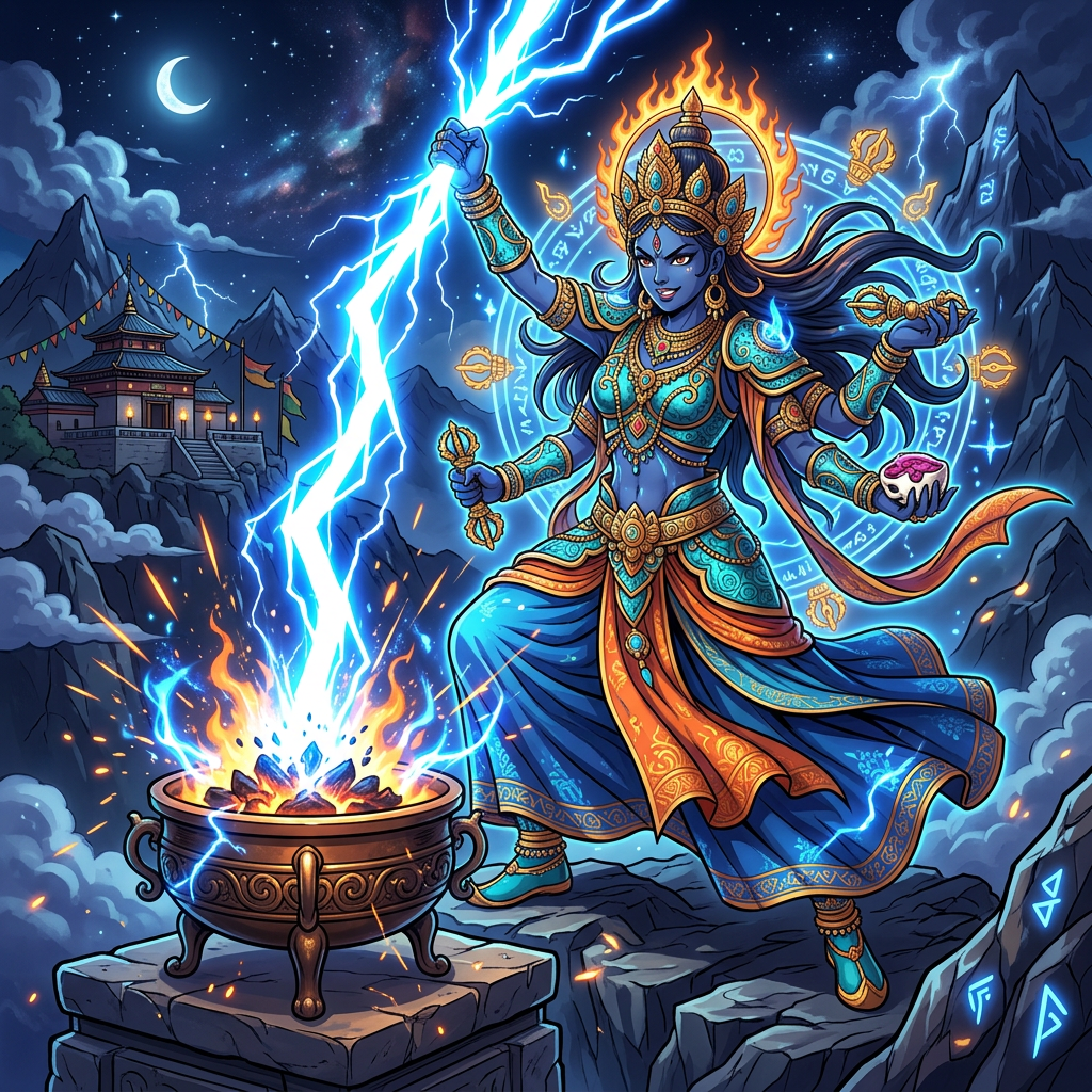 Blue-skinned Hindu goddess with multiple arms, wearing ornate golden armor and jewelry, summoning lightning into a cauldron
