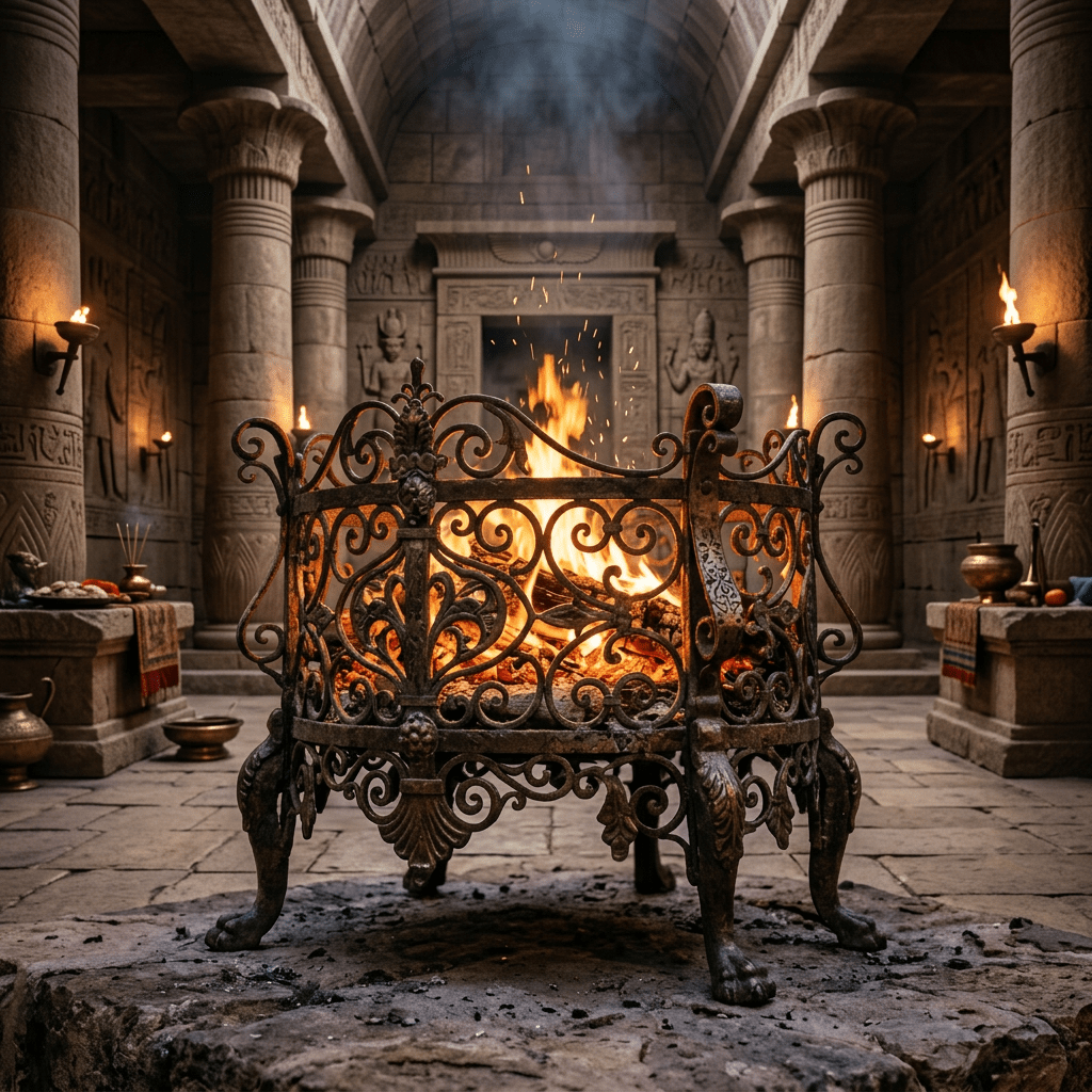 Decorative metal fire pit with burning logs and bright flames in outdoor courtyard