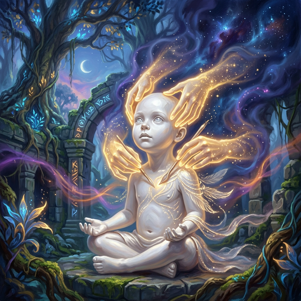 A child sitting cross-legged with glowing hands around their head and shoulders, surrounded by a magical forest and ancient ruins