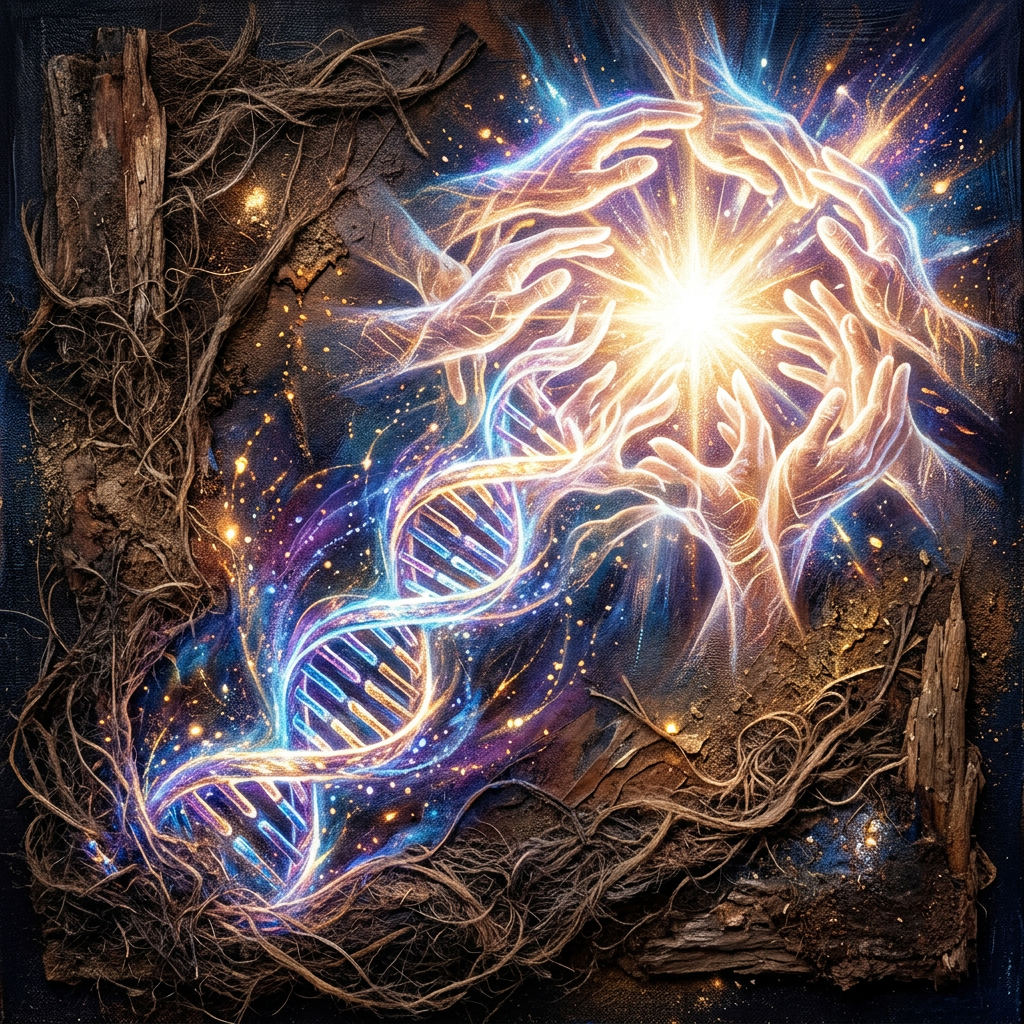 Glowing hands surrounding a bright DNA helix with cosmic light effects and natural textures