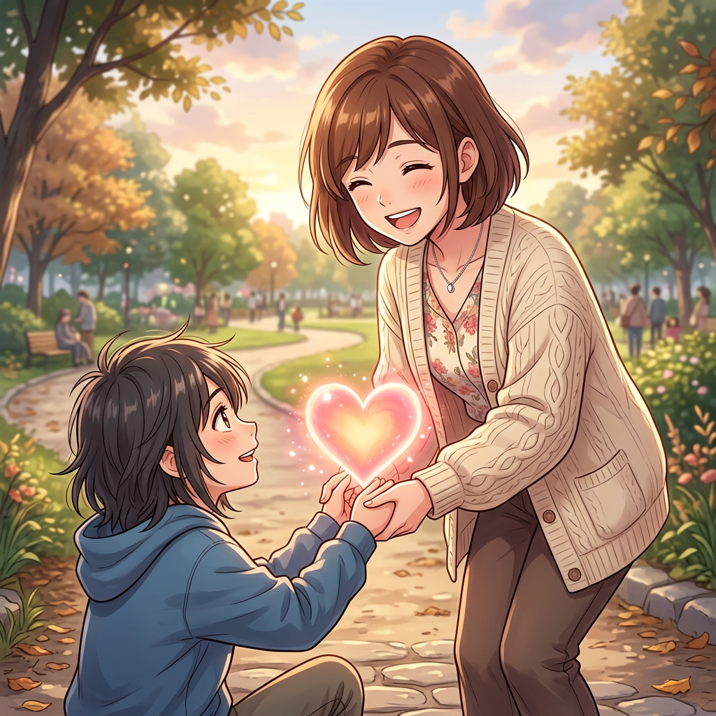 Child giving a glowing heart to a smiling woman in a park