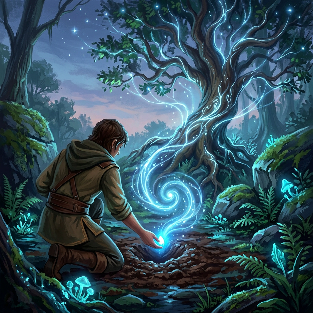 Person kneeling to release magical blue energy near a glowing tree in a forest at twilight