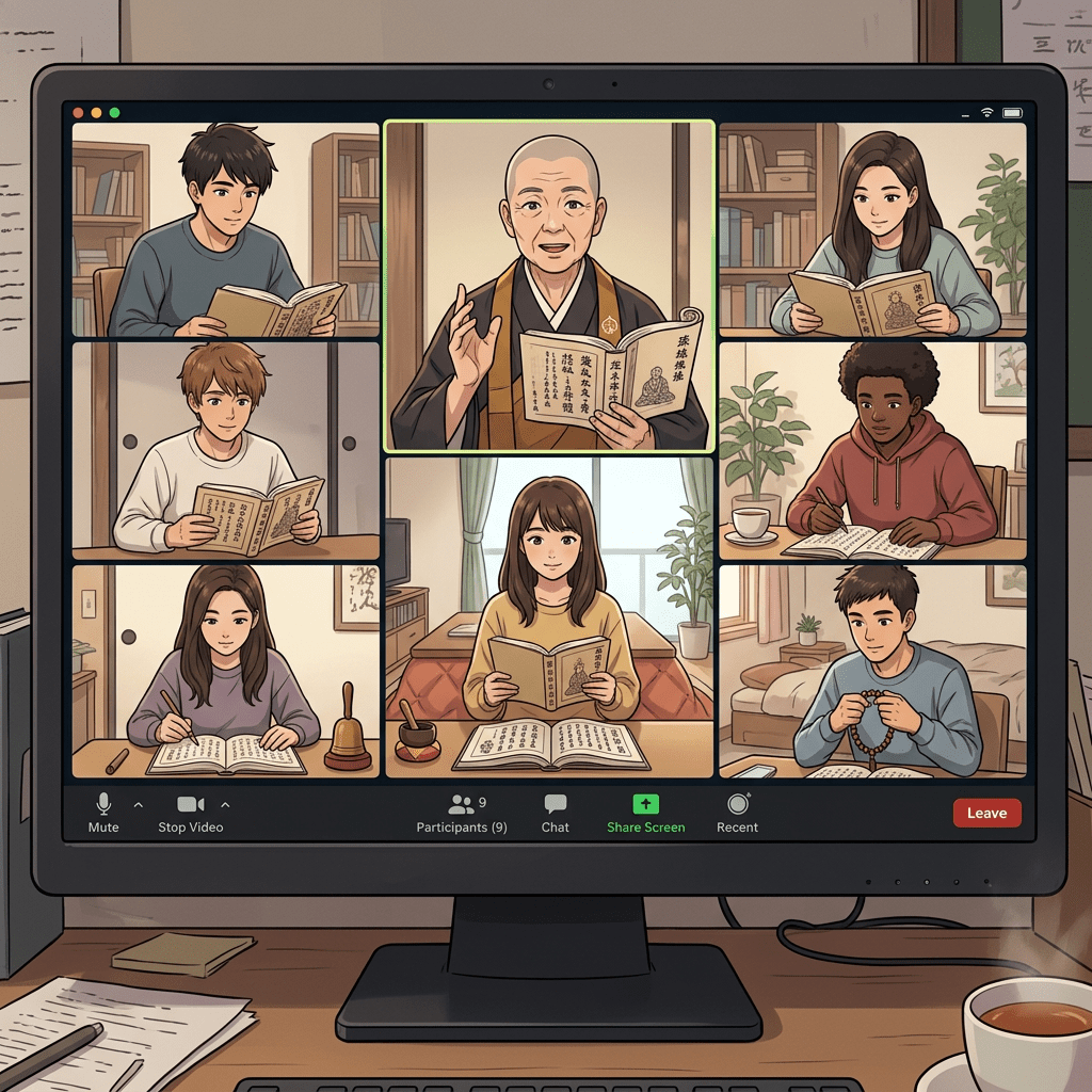 Eight participants and an instructor reading and meditating on a video conference call
