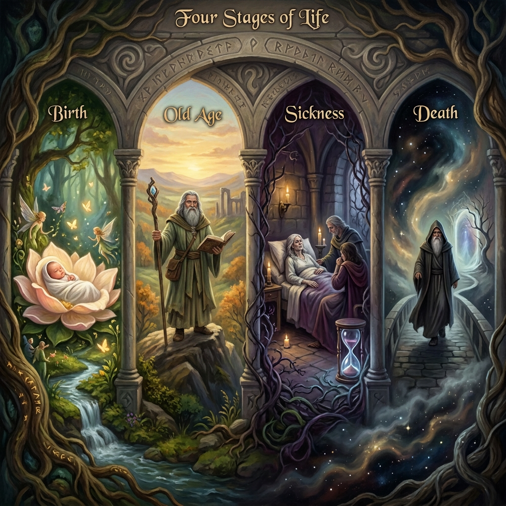 Four stages of life showing a baby in a lotus flower, a young adventurer, an elderly person in bed with visitors, and a cloaked figure walking towards a mystical portal