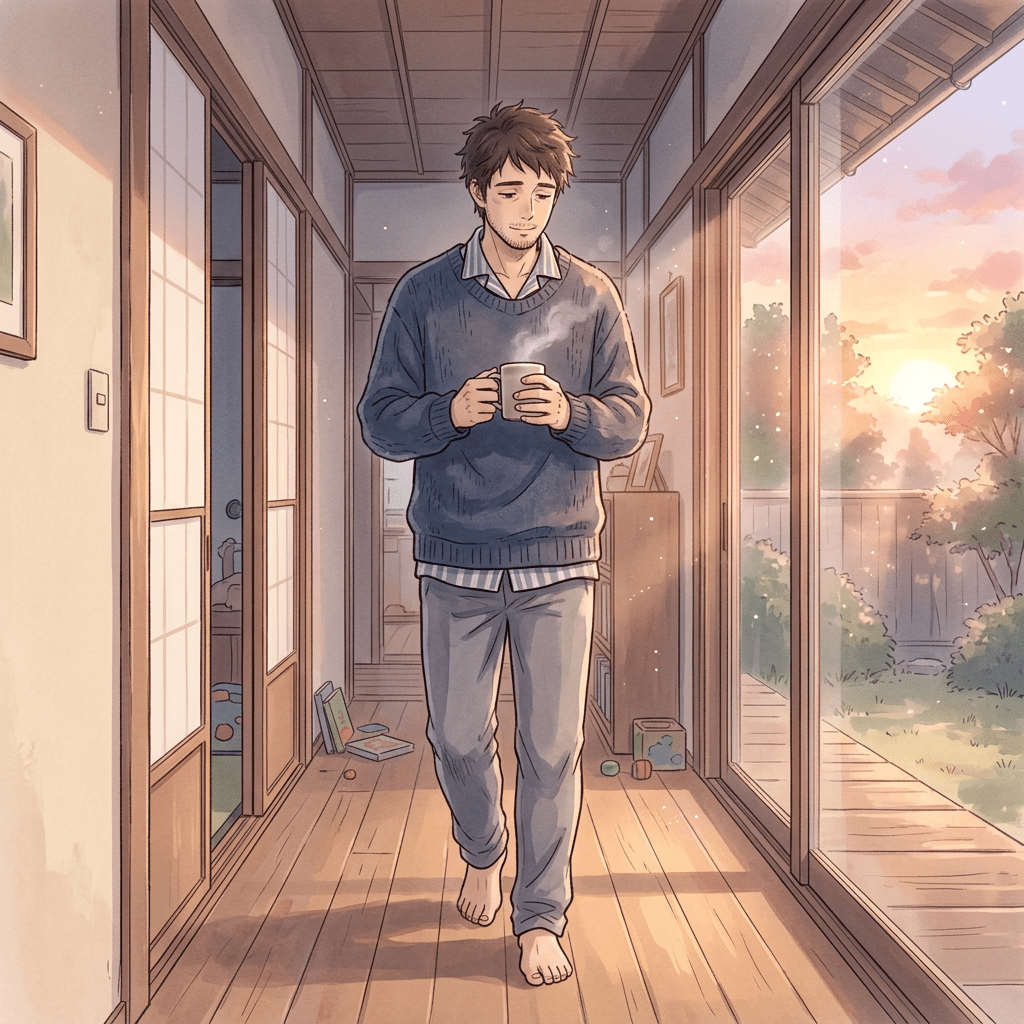 Man walking barefoot indoors holding steaming coffee cup at sunrise