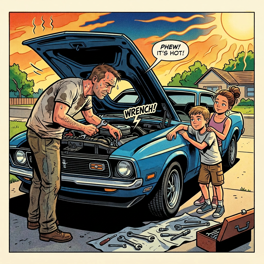 Man sweating while fixing car engine with tools, children looking concerned