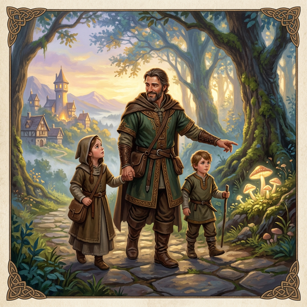 A man with two children walking on a forest path glowing mushrooms lighting the way