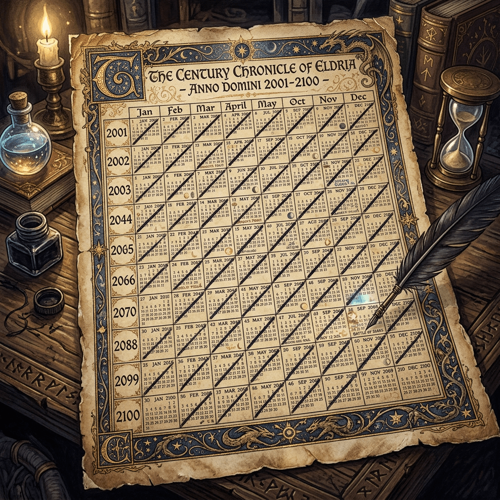 Century calendar listing years 2001 to 2100 with months and days, surrounded by decorative fantasy elements