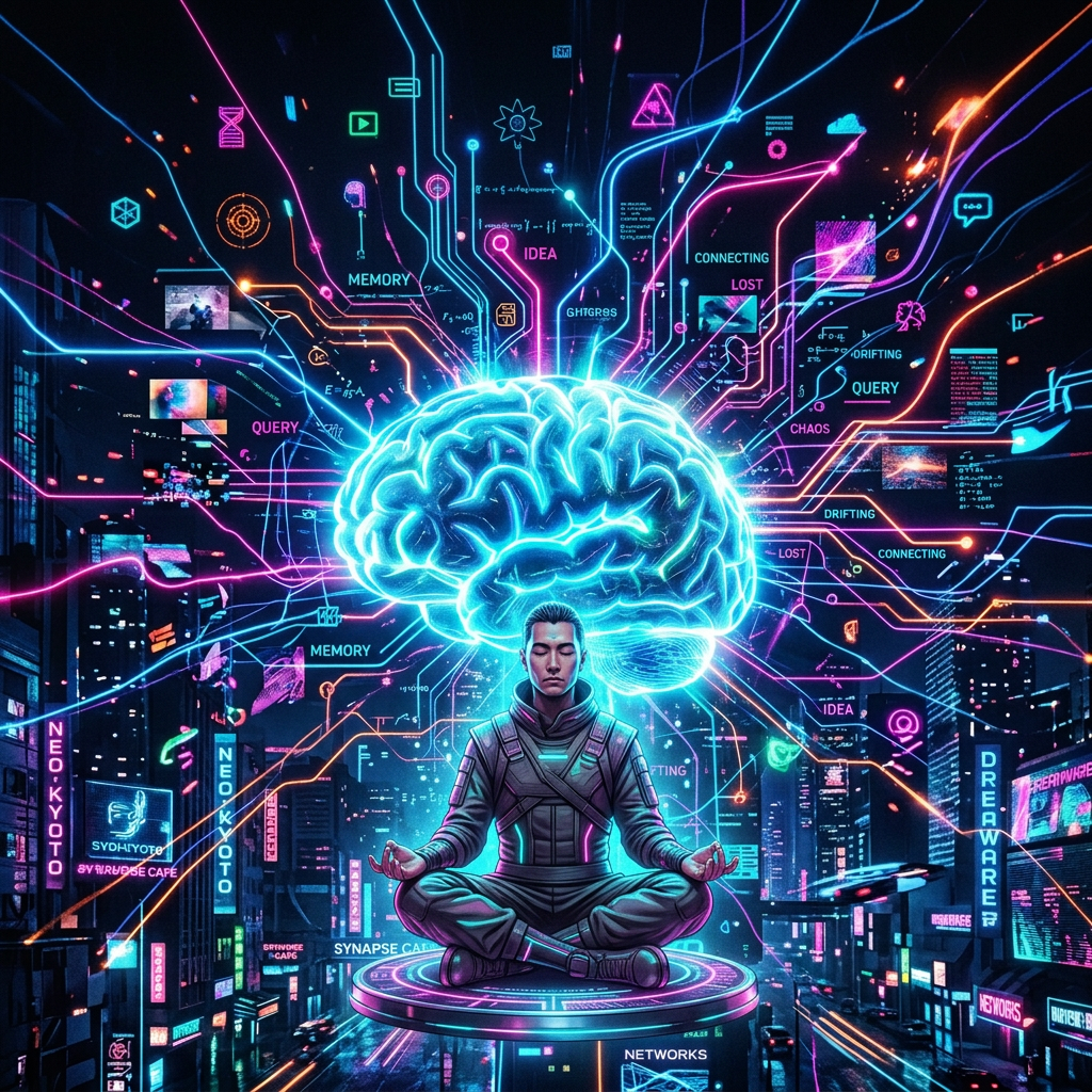Neon glowing brain with interconnected circuit lines and digital icons above a futuristic city