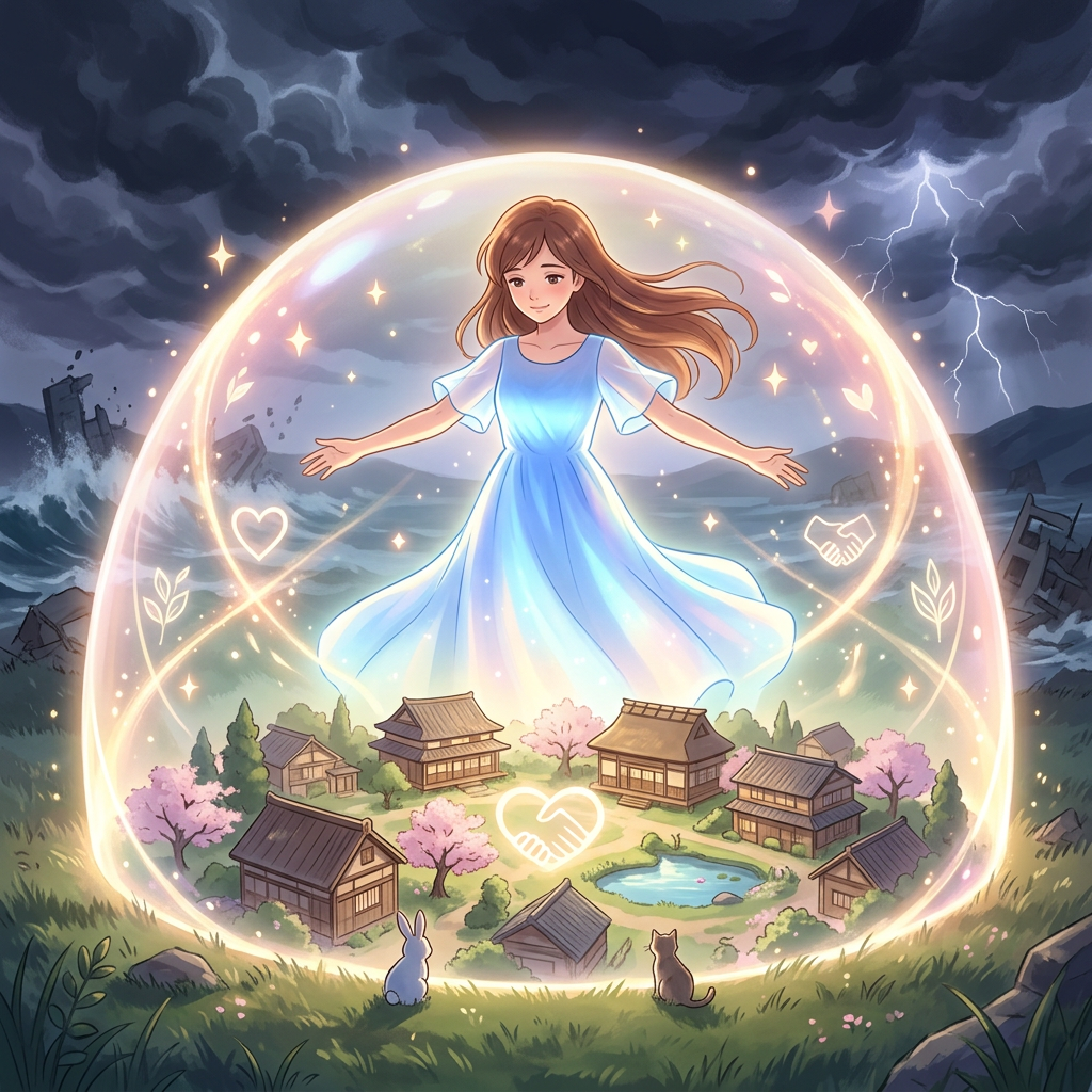 A glowing girl in a blue dress protecting a small village under a magical dome during a storm