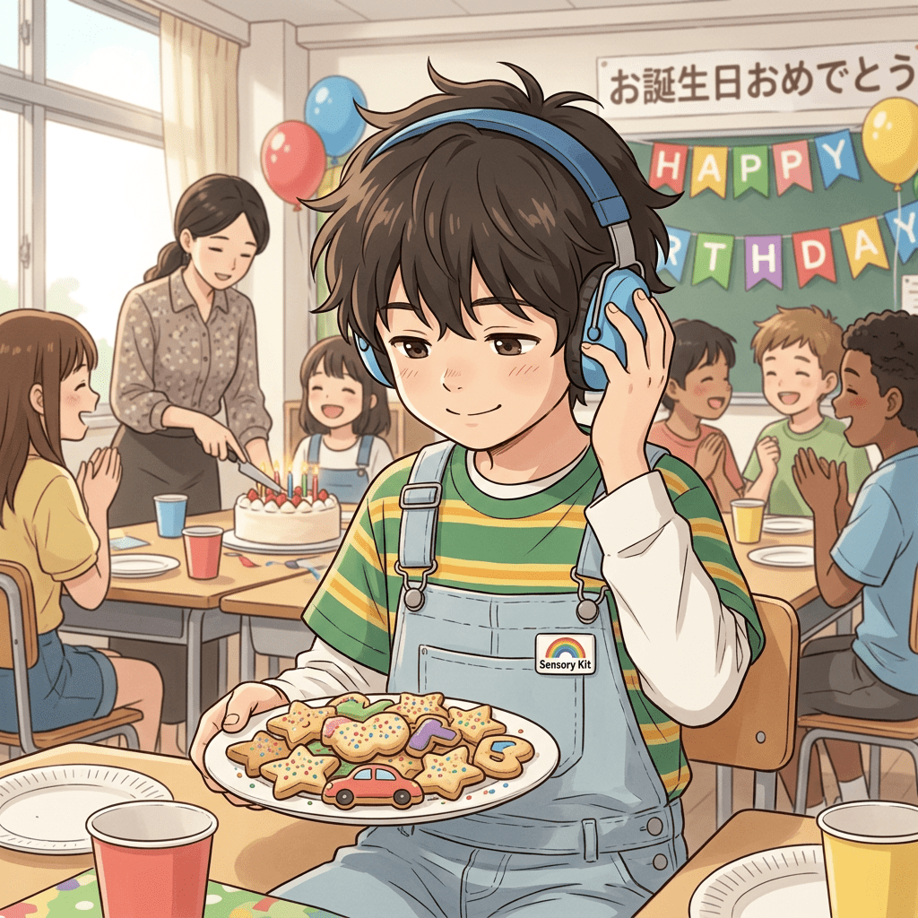 Child with headphones holding a plate of decorated cookies at a birthday party in a classroom