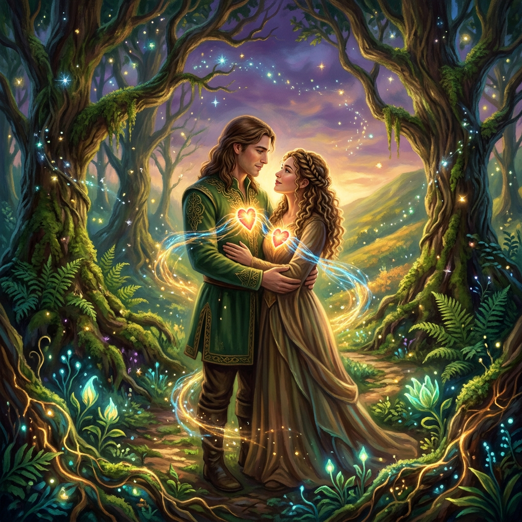 Couple embracing in a magical forest with glowing hearts and sparkling light