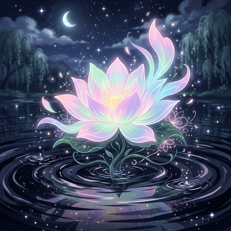 A glowing lotus flower with pastel colors floating on water under moonlight.