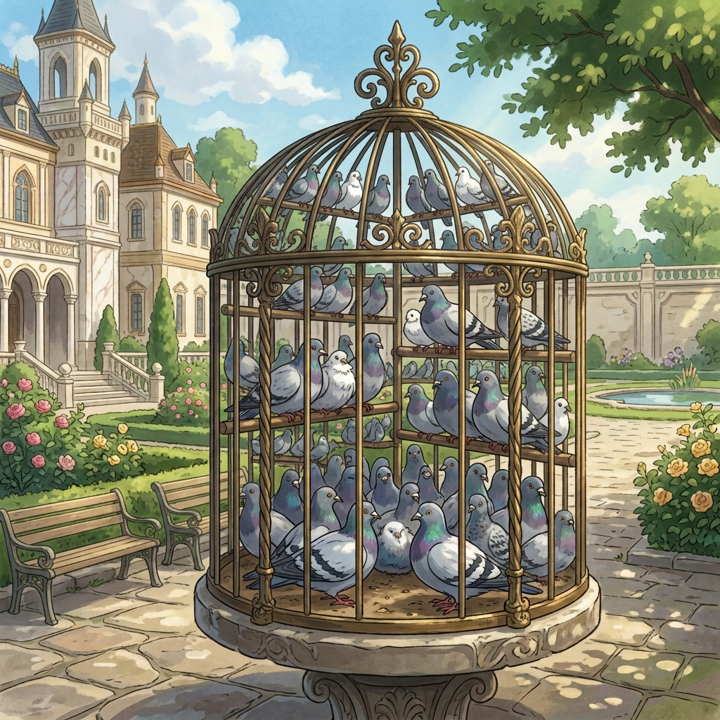 Gold ornate birdcage containing numerous pigeons set on stone pedestal in a manicured garden with mansion backdrop.