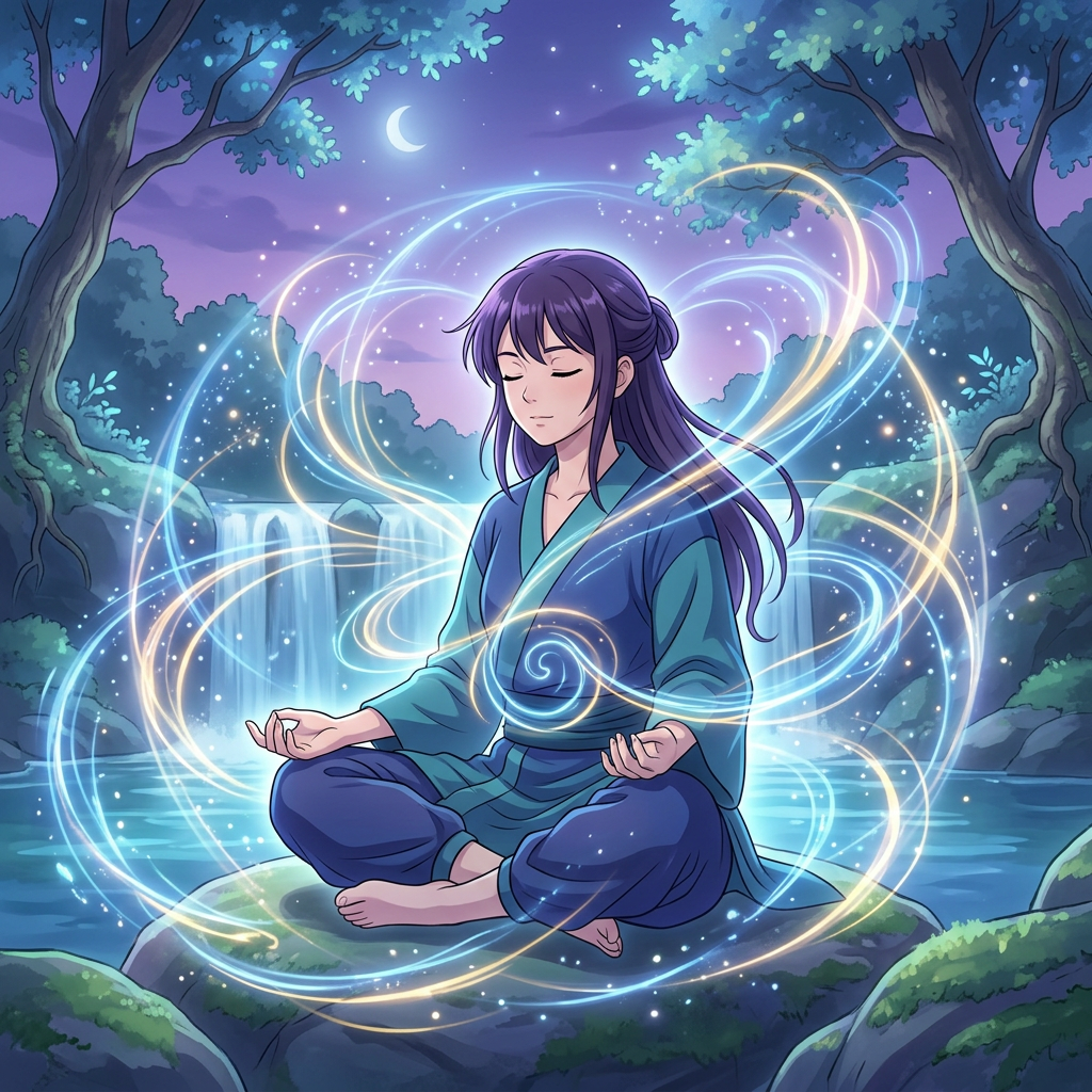 Person meditating cross-legged beside a river with magical energy swirls around