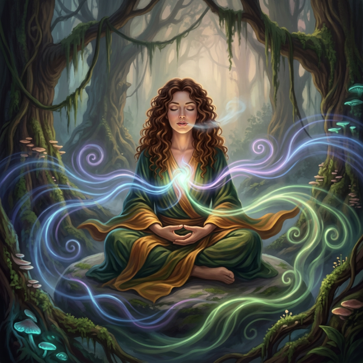Woman sitting cross-legged meditating with glowing colorful energy swirls in a forest