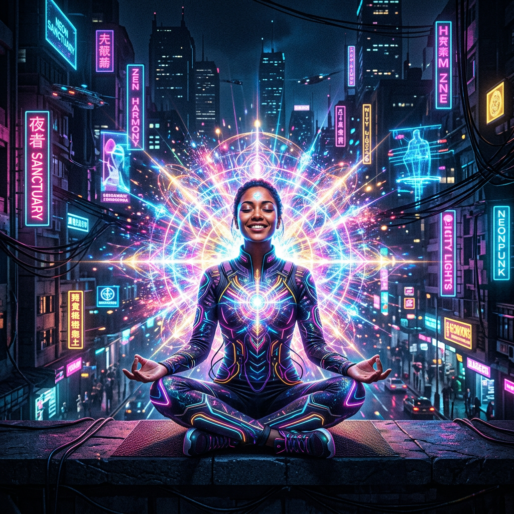 Meditator radiating joyful inner light and harmony