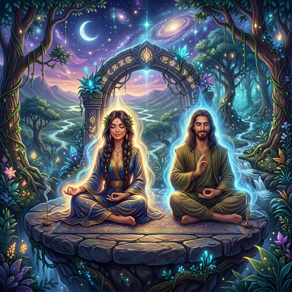 Couple meditating on stone platform under glowing ancient arch in enchanted forest