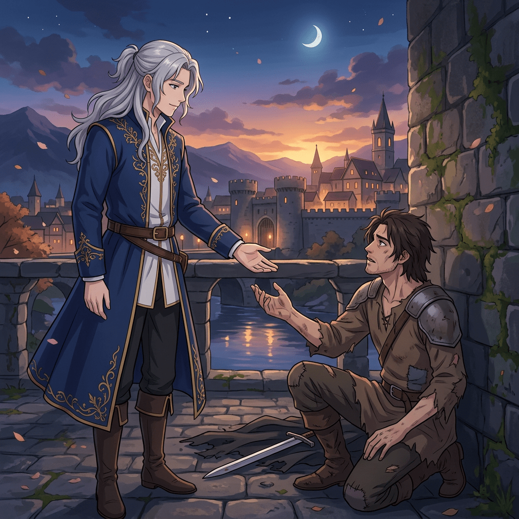 Noble figure reaching toward an injured soldier beside a castle at sunset